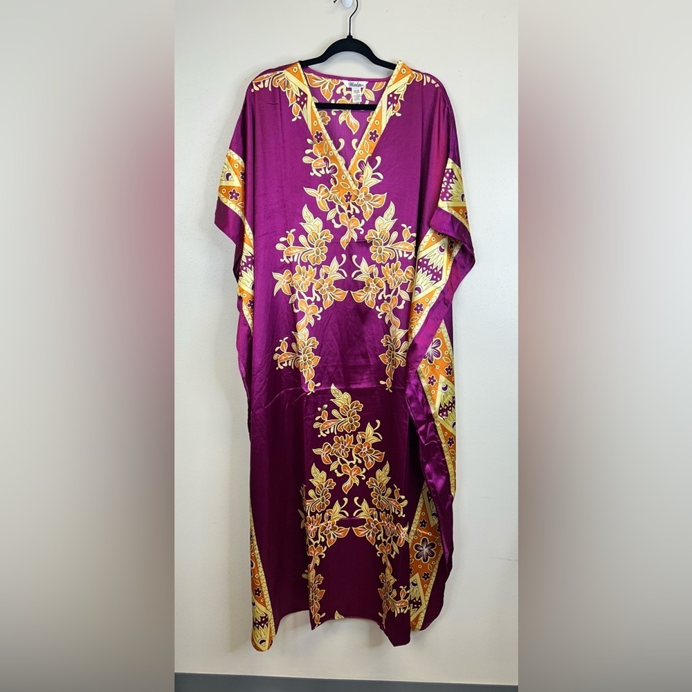 Satin Floral Kaftan Queen Goddess Boho Hippie Beachy Royal Travel Resort Maxi - Picture 2 of 12